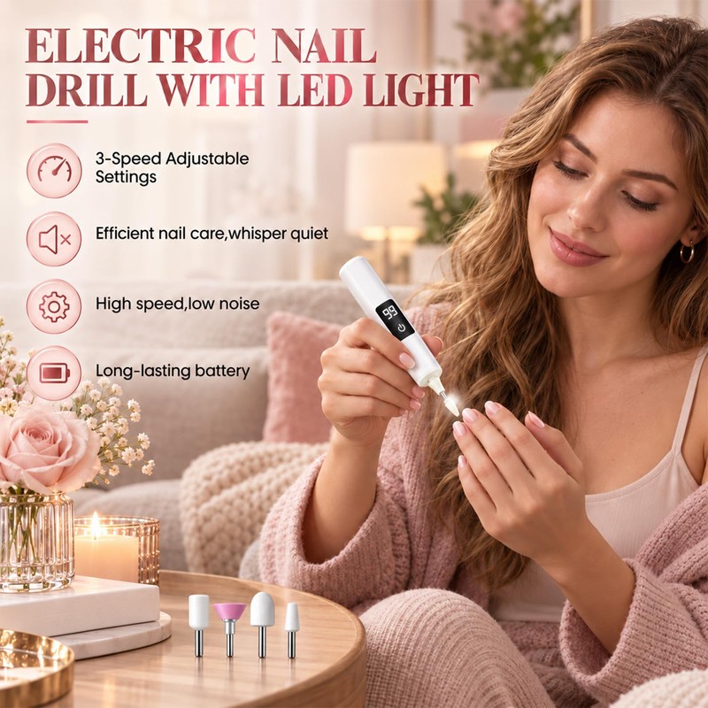 Electric Nail Drill,Cordless Nail Drill with LED Light,USB-C Charging,1PC