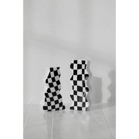 Checker Board Vase Bow Flower Vase Clay - Geometric Decor Ornaments - Size: Large, Color: Black/White