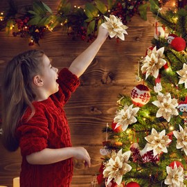 WEISPARK Poinsettia Christmas Decorations Flowers - 12Pcs Artificial Red Gold Poinsettia Christmas Tree Ornaments Glittery for Xmas New Year Wedding Party Wreath DIY Garland Decor