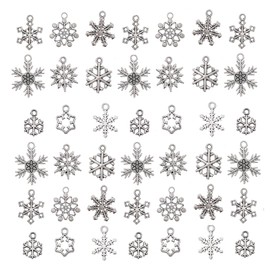 GraceAngie 100pcs Mixed Snowflake Pendants Tibetan Silver Various Christmas Snowflake Charm Beads for Xmas Jewelry Making and Crafting