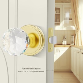 CLCTK Crystal Glass Door Knobs Interior, Passage Round Gold Door Knobs for Hall and Closet, Polished Brass