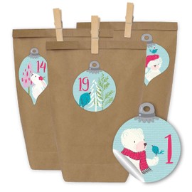 Papierdrachen Advent Calendar for Filling – 24 Gift Bags and 24 Number Stickers and Clips – Motif Balls with Blue Bear – for Packaging and Crafts – Christmas – Mini Set No. 57