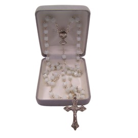 Wowser Pure Grace First Communion Rosary, White Square Rosary Beads for Girls with Silver Toned Chalice Centerpiece, 11 Inch