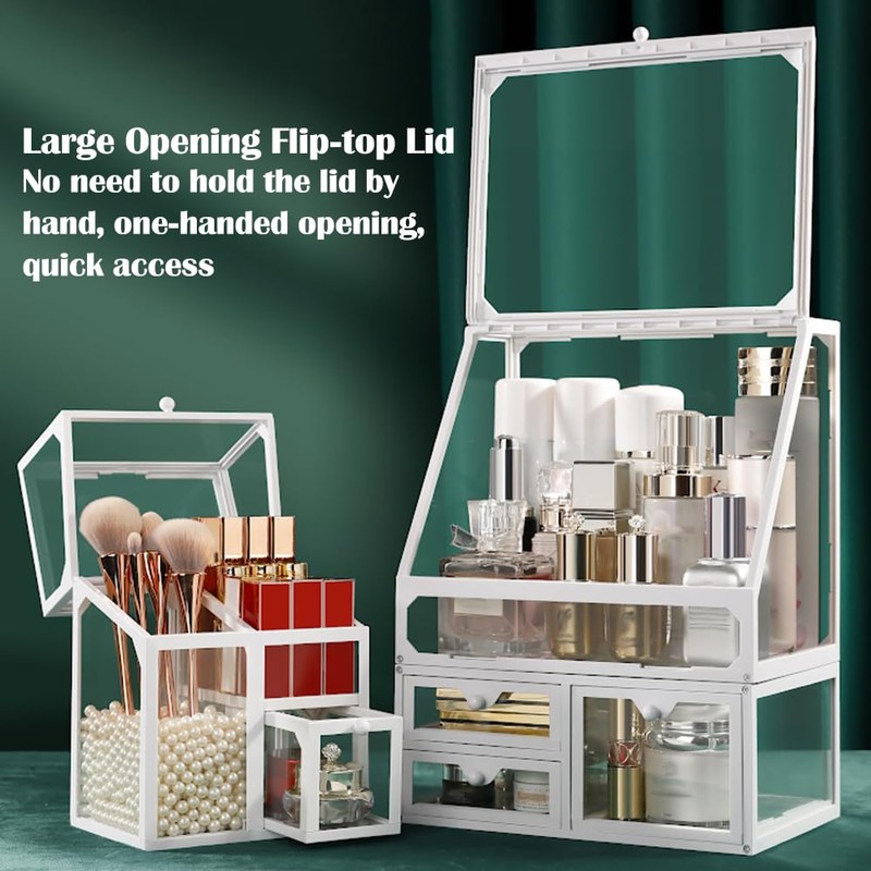 Haoh Glass Makeup Organizer Multi-Functional with Pearl Makeup Organizer with