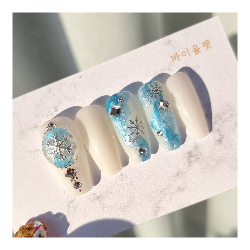 Snow Crystal Ball Handmade Nail Tip - Long Point /