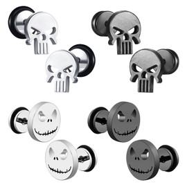 SYEYCW 4 Pairs Skull Earrings, Anti-Allergy Stainless Steel Skull Stud Earring, Punk Style Decorative Earrings, Grimace Earring Set with Screws, Ear Buckles Accessories Novelty Jewellery for Men Women