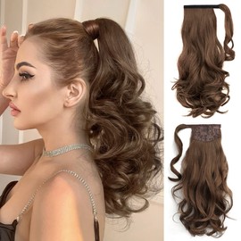 StrRid Ponytail Wig, Brown Hair Extensions Ponytail Wrap Around 16" Curly Wavy Synthetic Fake Hair Ponytail Wig Clip Daily Fluffy Pony Tail Hair Piece for Women Girls Blonde 5 oz-Copper Brown
