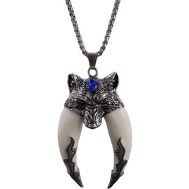 Wolf Tooth Pendant Necklace for Men - Norse Viking Head With 27.6" Chain, Indian Teeth Tribe Amulet, Punk Animal Jewelry
