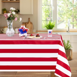 Red and White Striped Tablecloth - 57 x 84 Inch Rectangle Table Cloths Polyester Table Covers for Wedding Banquet Anniversary Event Summer Outdoor Birthday Party Decorations