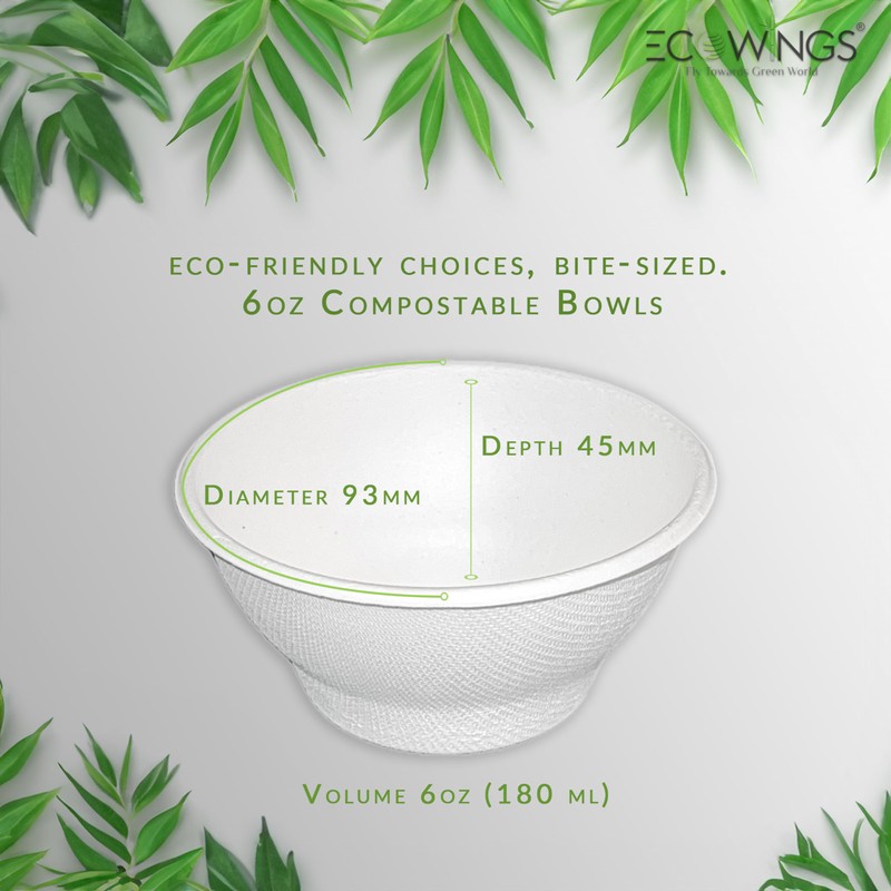 ECOWINGS X-Small 6oz (180ml) Bagasse Disposable Bowls: Stylish, Sustainable, Eco-Friendly