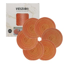 Braided Placemats Set 18cm Also as Coaster Coffee mat， Washable Unslip Round Place Mats，Kitchen Dining Table European Style Natural Material Hand Woven Fabric Table Mat Ramie Cotton (Orange-18cm-6pcs)