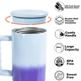 AGH life 40oz Thermobecher mit Strohhalm und Henkel, Doppelwandig Edelstahl Thermobecher, 1180 ML Tragbare Isolierter kaffeebecher Auto, Reisebecher ThermoTrinkbecher Tumbler Cup