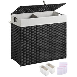 Greenstell Laundry Hamper with lid, No Install Needed, 130L Wicker Laundry Baskets Foldable 2 Removable Liner Bags, 2 Section Clothes Hamper Handwoven Rattan Laundry Basket with Handles, Black