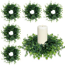 6 Pcs Candle Rings Wreaths 3 Inch Wedding Candle Rings Pillars Candle Wreaths Kitchen Cabinet Wreaths Mini Green Boxwood Candle Wreaths for Wedding Party Decor (Green Boxwood)