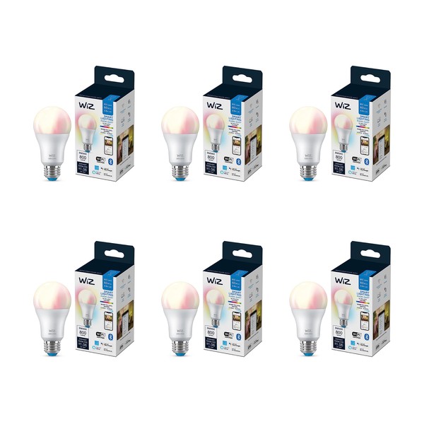 WiZ 60W A19 Color LED Smart Bulb - Pack of 6 - E26, Indoor - Connects to Your Existing Wi-Fi - Control with Voice or App + Activate with Motion - Matter Compatible