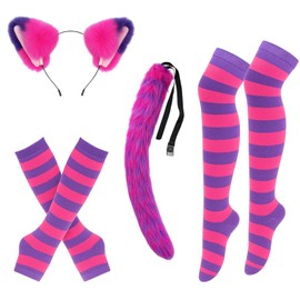 Cheshire Cat Costume, Pink and Purple Striped Top Cheshire Cat, 4-Piece Set with Ears, Tail, Gloves, and Socks for Halloween, Cosplay, and Themed Parties