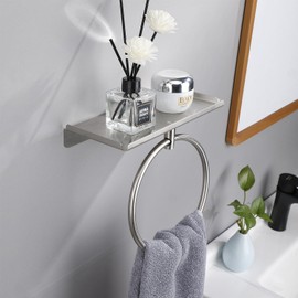 Bath Towel Ring with Shelf Stainless Steel Adhesive Towel Hanger Wall Mounted Hand Towels Holder for Bathroom Kitchen (Round Silver)