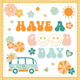 AnyDesign 59Pcs Retro Boho Classroom Bulletin Board Decoration Kit Groovy Daisy Rainbow Sun Bulletin Board Set Hippie Decoration Borders Cutouts with Glue Points for Classroom Office Home Wall Decor