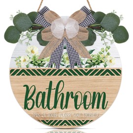 TOARTi Rustic Bathroom Open 24 Hours Please Seat Yourself Wood Sign with Wreath&Bow Farmhouse Bathroom Open Wooden Wreath for Restroom Toilet Powder Room Wall Decor