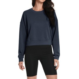 Boxy Crop Tops Oversized O Neck T Shirts Womens Tunic Tops to Wear with Leggings Golf Gym Long Sleeve Shirts Trendy Basic Tees Yoga Workout Cropped Sweatshirts for Women Athletic Outfits Grey Blue S