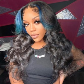JYZ Skunk Stripe Wig Human Hair Lace Front Blue Highlights Wig Human Hair Wavy 13X4 HD Lace Front Wigs Human Hair 200% Density Highlight Wigs Human Hair Pre Plucked with Baby Hair 30inch Middle Part