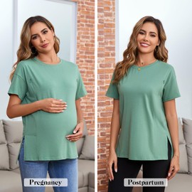 Ecavus Women's Oversized Nursing Shirts for Breastfeeding with Hidden Zipper Short Sleeves Side Splits Maternity Tops Green