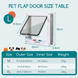 Nobleza - Cat Flap, Dog Flap, 4-Way Magnetic Closure for Cats, Dog Door, Cat Door, Pet Door, Cat Flap, Inner Door for Cats and Small Dogs (White, L)