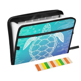 Expanding File Folder - Underwater Seaweed Sea Turtle 13 Pocket Accordion File Folders with Sticky Labels, A4 Letter Size Paper Document Organizer with Zipper Closure for Office School Boys Girls