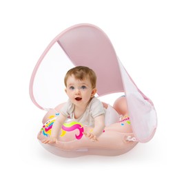 Baby Swimming Float with Shade, UPF50+ Sun Canopy, Detachable Anti Rollover Airbag, Adjustable Safety Seat, Anti-Flip Design, Baby Pool Float Ring for Newborns, Infants, Pink, L