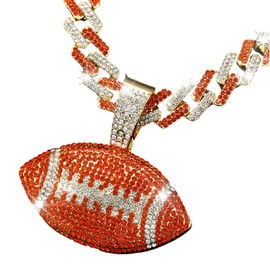 Rugby Football Pendant for Men Iced Out Rugby Football Cuban Necklace, Hip Hop American Football Cuban Chain Necklace Gold Rugby Ball Necklace Men’s CZ Football Jewelry Rock Rugby Sports Necklace