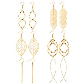 FUNEIA 6 Pairs Drop Dangle Earrings for Women Long Bar Double Twist Wave Curved Threader Cut Out Leaf Lightweight Earrings Set
