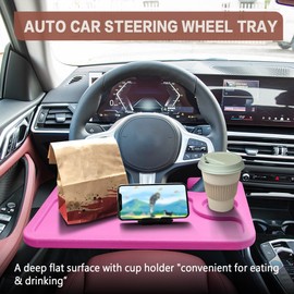 HEVLE Car Steering Wheel Desk, Car Table Tray, Car Food Tray for Eating with Drinks Holder, Steering Wheel Laptop Holder, Car Accessories Fits Most Vehicles Steering Wheels (Pink)
