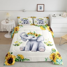 Homewish Cute Elephant Kids Comforter Set Twin Size,Boys Girls Adults Cabin Decor,Sunflowers Plants Rustic Farmhouse Down Comforter,Cartoon Animal Kawaii Bedding Set,Bright Duvet Insert,1 Pillowcase