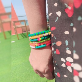 KELITCH New Heishi Beads Bracelets BOHO Multi Color Stretch Bracelets Beautiful Strand Bangles Jewelry For Women (Glass Green 6K)