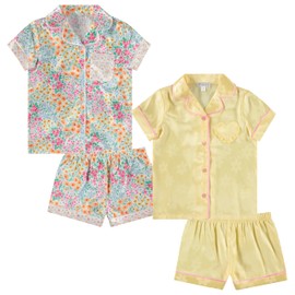 BTween Girls Satin Pajama Set 4 Pack, Short Sleeve Button-Down Sleepwear for Kids, Soft and Breathable Nightwear