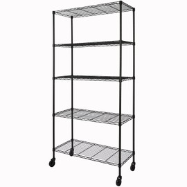5-Shelf Adjustable Heavy Duty Storage Shelving Unit on 4 Wheel Casters, Metal Organizer Wire Rack for Laundry Bathroom Kitchen Pantry Closet, Black