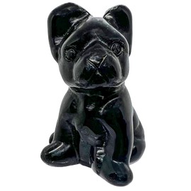 Ladeukoi Gemstone Sitting Dog Statue, Healing Stone Animal Figurine Sculpture Crystal Pocket Figurine Home Decoration Hand Carved Mini 1.5 Inches, Black Obsidian