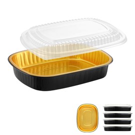 MESTAEK Oval Aluminum Foil Pans with Snap-On Lids (5 Pack) | 2X Thicker Heavy Duty Reusable Container 68oz for Take-Out (Gold)