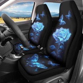 WUYOJUXA Romantic Rose Car Seat Cover Set for Front Only 2 Pieces Universal Saddle Blanket Seat Covers Blue Vintage Rose Print Auto Front Cushion for Women Auto Interior Accessories Decor