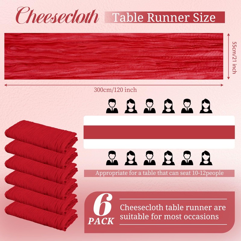 6 Pack Red Cheesecloth Table Runner, 10Ft Boho Gauze Table