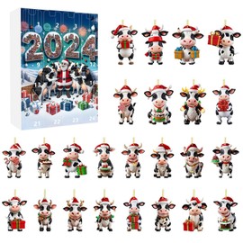 Cow 2024, Christmas Countdown Calendar With 2D Flat Acrylic Pendant, 24 Days Cartoon Cow Ornament Christmas For Party Home Decoration