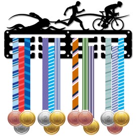 CREATCABIN Triathlon Medal Holder Sports Medal Hanger Display Running Swimming Bike Competition Lanyard Ribbons Small Metal Iron Black Wall Rack Frame Mount Decor for Hanging Awards 11.4x5.1 Inch