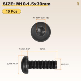 METALLIXITY Pan Head Torx Security Screws Bolts (M10-1.5x30mm) 10Pcs, Button Torx Head Machine Screws Carbon steel - for Furniture Woodworking Project, Black