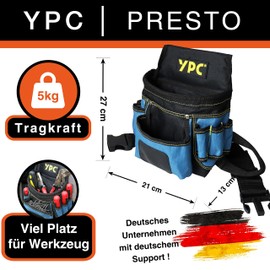 YPC Presto Tool Belt Bag XL - Tool Belt, Work Belt, Waterproof Tool Bag with Hammer Loop, Tear-Resistant Nylon Belt, 12 Pockets, Blue/Black, 27 x 21 x 13 cm, 5 kg Load Capacity, blue