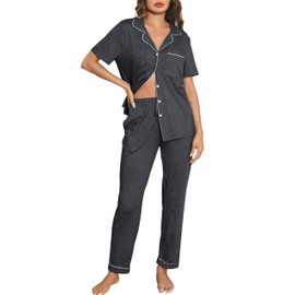 Lovasy Pyjamas for Women Soft Ladies Pyjamas Button Down Pjs for Women Sets Classic Womens Pyjamas Sets Pajamas Loungewear with Pockets,Dark Grey,M