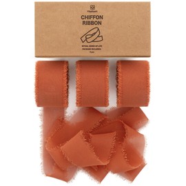 Vitalizart Terracotta Chiffon Silk Ribbon 1" x 21Yd Fringe Fabric Eco-Friendly Package (3 Rolls *7Yd) for Wedding Invitations Bridal Bouquets Decorations Gifts Wrapping & Bow Making Burnt Orange