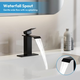 Besdor Waterfall Bathroom Faucet, Matte Black Single Hole Bathroom Faucets for 1 or 3 Hole Bathroom Sink Faucet, Vanity Faucet with Deck Plate, Pop-up Drain and Supply Hoses, 304 Stainless Steel