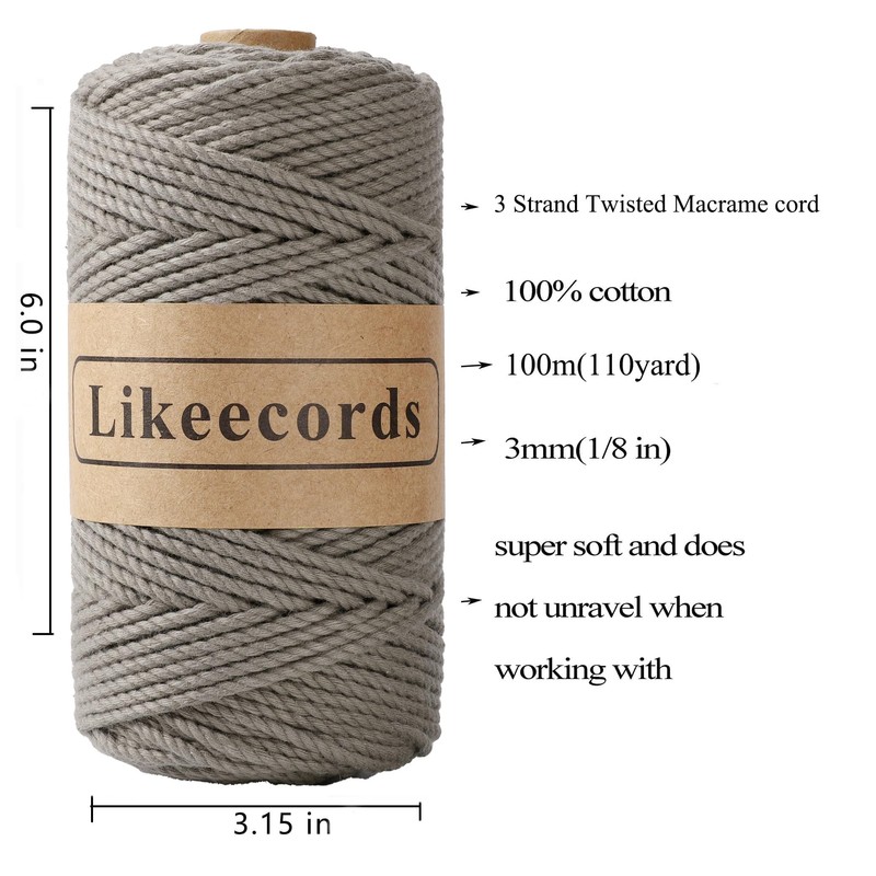 Likeecords Cotton Macrame Cord 3mm x 100m, 3 Strand Twisted,