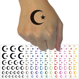 Star and Crescent Moon Islam Ottoman Temporary Tattoo Water Resistant Fake Body Art Set Collection - Yellow (One Sheet)