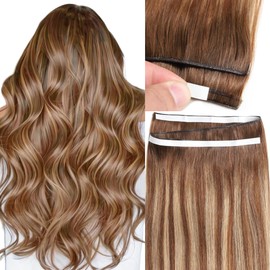 Loxxy 22 Inch 60G Tape in Extensions, DIY Long Weft Tape in Hair Extensions Human Hair, Chocolate Brown with Caramel Blonde One Piece DIY Weft Width 31.5" (80cm)